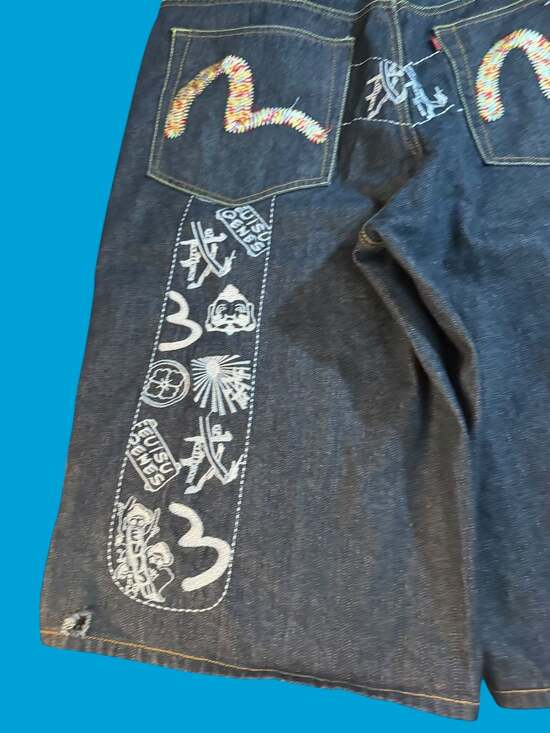 Vintage Evisu Genes Baggy Denim Shorts Size 40 Y2K Embroidered Seagull Jorts - Picture 7 of 13